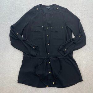 The Limited Women's Roll Tab Sheer Tunic Tie Waist Solid Black Blouse Size Small